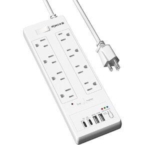 5Ft Surge Protector Power Strip with USB Ports, Power Strip with Timer, 5Ft Extension Cord with Multiple Outlets, Outlet Strip for Gaming Room Office, White Heavy Duty Surge Protector
