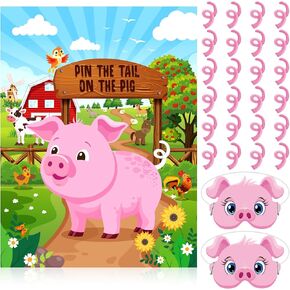 دبوس الذيل على لعبة حفلة الخنزير، ديكورات حفلات المزرعة، مجموعة ألعاب حفلات حيوانات المزرعة، ملصق خنزير مع 24 ملصق ذيل خنزير معصوب العينين للأولاد والبنات، لوازم حفلات أعياد الميلاد الحيوانية