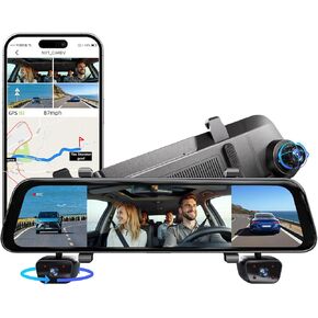 Rear View Mirror Back up Camera for Cars, 4 Channel 360 Dash Cam Front and Rear Inside, 12" Touch Screen, Wi-Fi, GPS, Night Vision, G-Sensor, Parking Mode, 128G Micro SD Card