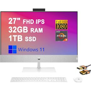 HP Pavilion 27 AIO Desktop Computer 27" FHD IPS Micro-Edge Display AMD Quad-core Ryzen 3 5300U (Beats i5-10210U) 32GB RAM 1TB SSD Keyboard & Mouse USB-C B&O Webcam Win11 Silver + HDMI Cable