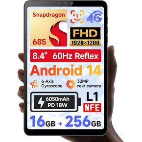 8.4 بوصة Snapdragon 685 Android 14 Tablet ، FHD IPS 1920x1200 دقة 60 هرتز Reflex BPAD Mini مع Widevine L1 ، 16 جيجابايت+256 جيجا بايت (1TB متوسعة) ، 5 ميجابكسل+32 ميجا بكسل ، 4G LTE+2.4G/5G WIFI+BT5.0+GPS ، 6050MAH