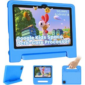 Kids Tablet 10.1 inch Android 14 Octa-Core 64GB 6000mAh Kids Space Parental Control 1280 * 800 HD Touchscreen Shockproof Case Dual Camera Gift for Toddler Children (Blue)