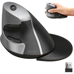 Delton S22 Vertical Wireless Mouse, Ergonomic Design, 2.4G USB Dongle, 6 Buttons, 3 Adjustable DPI Levels (800/1600/2400), Removable Palm Rest, Silent Click & Durable for PC, Laptop, MacBook - Black
