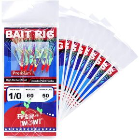 10pks Fish WOW! Size 1/0 Fishing Bait Rigs Premium Quality Gold 6-Hook Piscatore Lure with Red Head & Glow Beads and Ball Bearing Swivel Interlock snap connectors