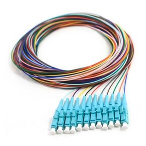 12 Strand Fiber Pigtail, Multimode OM4, LC/PC Connectors, 9.8 Feet (3 Meter), Aqua Boot, Color-Coded, Low Insertion Loss
