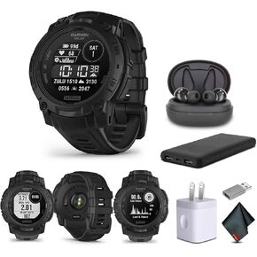 Garmin Instinct 3 Tactical Edition, Solar Charged 45mm Display, Outdoor Rugged GPS Smartwatch Bundle with USB Wall Charger + Microfiber Cleaning Cloth + More