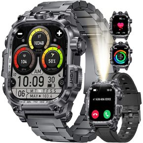 LIGE Military Smart Watch for Men(LED Flashlight), 2.01" Rugged Smartwatch, 100+ Sports Fitness Tracker Watch, 700mAh Long Battery/Bluetooth Call/Sleep/IP68 Smart Watch for Android iOS Compatible
