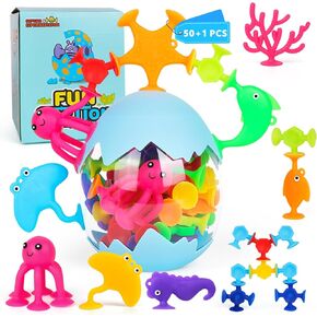 50 Pieces Suction Bath Toys for Kids Age 3+, Baby Silicone Ocean Animal Sucker Toys with Dinosaur Eggshell, Sensory Travel Window Toys for Toddlers, Stress Release Gifts for Boys Girls Ages 4-8