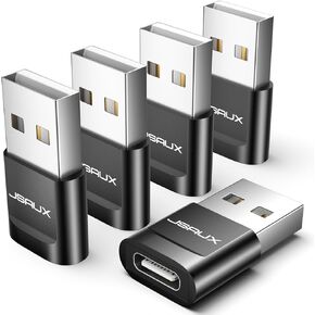 JSAUX USB C Female to USB Male Adapter (5-Pack) 3.1A Fast Charging Compatible with iPhone 16 15 14 13 Pro Max, Apple Watch, Galaxy Watch, Samsung S24 S23 S22, CarPlay, Android Auto-Black
