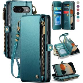 Defencase Compatible with Pixel 9/Pro Case, RFID Blocking Wallet Case Fit for Google Pixel 9 & 9 Pro Soft PU Leather Magnetic Snap Flip Zipper Strap Card Holder Phone Case for Women, Blue Green