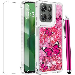 for Moto G Power 5G 2025 Case, Moto G Play 2025 Case with Screen Protector, Women Girls Glitter Bling Liquid Floating Cute Phone Case Soft TPU Shockproof Protective Cover -Blue Butterfly