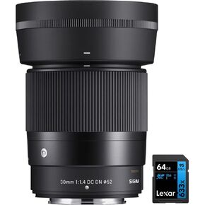 Sigma 302975 30mm f/1.4 DC DN Contemporary Lens for FUJIFILM X Bundle with Lexar Professional 633x 64GB UHS-1 Class 10 SDXC Memory Card