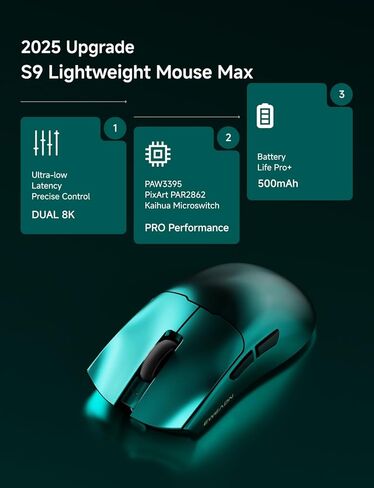 الماوس اللاسلكي S9 Max Max Lightweight ، Mouse Wireless Mouse 2.4g/USB-C/BT ، 8K استطلاع ، 42 كيلو دبليو ، مستشعر PAW3390 بصري ، Kailh Switch ، 500mAh ، 5 أزرار قابلة للبرمجة للكمبيوتر/الفوز/Mac-green in Kuwait