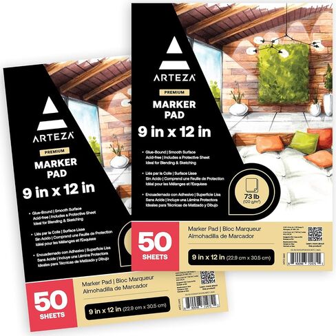 Arteza Marker Pad, 9 x 12 Inches, 50 Sheets, Smooth 73-lb Paper, Glue-Bound, for Alcohol Markers and Fineliner Pens, Art Supplies for Drawing, Sketching, Coloring, and Lettering in Saudi Arabia