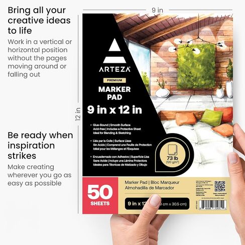 Arteza Marker Pad, 9 x 12 Inches, 50 Sheets, Smooth 73-lb Paper, Glue-Bound, for Alcohol Markers and Fineliner Pens, Art Supplies for Drawing, Sketching, Coloring, and Lettering in Saudi Arabia