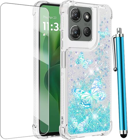 for Moto G Power 5G 2025 Case, Moto G Play 2025 Case with Screen Protector, Women Girls Glitter Bling Liquid Floating Cute Phone Case Soft TPU Shockproof Protective Cover -Blue Butterfly in Kuwait