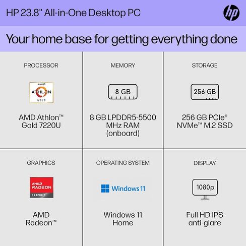 HP 23.8 inch All-in-One Desktop PC, FHD Display, AMD Athlon Gold 7220U, 4 GB RAM, 256 GB SSD, AMD Radeon Graphics, Windows 11 Home in Saudi Arabia