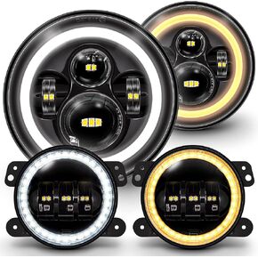 TRUE MODS 7-inch H6024 LED Headlights + 4-inch Fog Lights for Jeep Wrangler JK Unlimited JKU Accessories 2007-2018 [HALO DRL][Amber Turn Signals] [High/Low Sealed Beam]