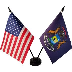 America & Michigan Twin Desk Flag, US Michigan Table Flags, 8 x 5 Inches American & Michigan Deluxe Desk Flag Set - Miniature USA & Michigan Stick Flag with Flag Stand
