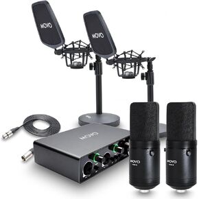 Movo 2-Pack VSM-5 Large Diaphragm Professional Condenser Microphone Kit with MDX-1 2x2 Audio Interface with Table Top Stand - Podcast Equipment Set for YouTube, Podcast, Streaming