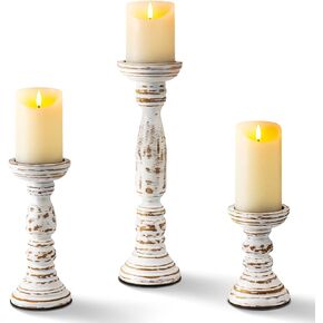 Homemory Farmhouse Wood Candle Holders for Pillar Candles Set of 3, Rustic Candle Holders for Table Centerpiece, 13" 9" 6" Vintage Tall Candle Stand Decorative for Dining Fireplace Living Room (White)