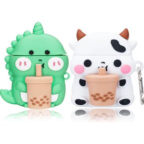 2 Pack for AirPods 2&1 Gen Case Cover, 3D Cute Funny Cartoon Boba Tea Cows & Boba Tea Dinosaurs Shape Apple Airpod Case Soft Silicone Skin with Keychain for Girls Boys Kids Teens (Cow+Dino)
