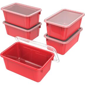 Storex Small Cubby Bins – Plastic Storage Containers for Classroom with Non-Snap Lid, 12.2 x 7.8 x 5.1 inches, Red, 5-Pack (62407A05C)