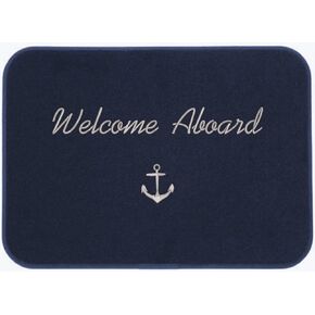 Welcome Aboard Boat Mat Navy with Gray Script and Anchor 24x17