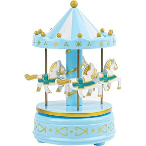 RP Remarkable Power, Blue Carousel Music Box Merry-Go-Round Horse Musical Box with 4 Houses for Home Wedding Birthday Gift Decoration