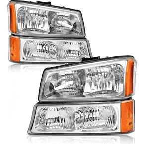 2003 2004 2005 2006 Chevy Silverado Headlights Assembly for 03 04 05 06 Chevy Silverado Avalanche 1500/2500/3500 Chrome Housing Amber Reflector Clear Lens Replacement Driver and Passenger Side