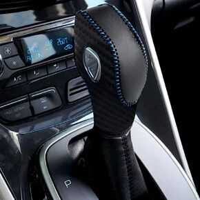 Leather Gear Shift Knob Cover Compatible with Ford Focus丨 Escape丨 Fusion丨 Fiesta丨 Transit 2012-2019 Black Carbon Fiber Pattern with Blue Stitches Shifter Knob Cover- Black
