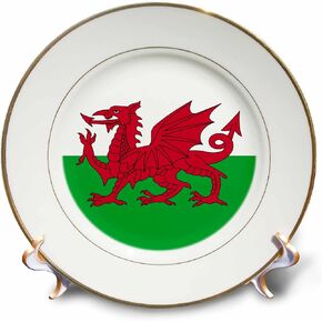 3dRose cp_158289_1 Flag of Wales Welsh Red Dragon on White and Green Y Ddraig Goch UK United Kingdom Great Britain Porcelain Plate, 8-Inch