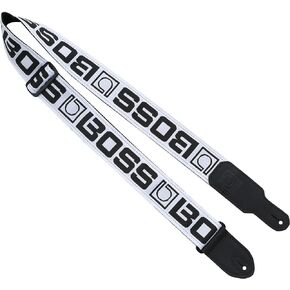 BOSS BSM-20-WB Instrument Straps in White with Black Logo | Featuring the Monogram Logo | Two-inch wide Nylon Material for Comfort and Durability | For Guitar, Bass & More