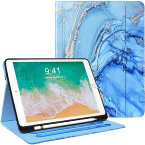 حافظات iPad الجيل السادس والخامس 2018/2017، حافظة iPad Air 2 2014، iPad Air 2013، حافظة iPad Pro 9.7 بوصة 2016 مع حامل قلم رصاص، غطاء جلدي قابل للطي للأطفال والنساء والرجال، أزرق رخامي