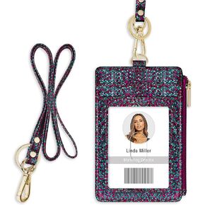 ID Badge Holder with Lanyard, Vertical Bling Shiny ID Badge Card Holder with 1 Clear ID Window, 4 Credit Card Slots, 1 Cash Coin Slot and a Detachable Neck Lanyard (Bling Silver)