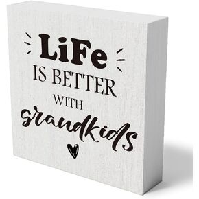 Life Is Better with Grandkids Wooden Box Sign Decorative Funny Farmhouse Wood Box Sign Home Decor Grandparents Gift Rustic Square Desk Decor Sign for Shelf 5 x 5 Inches