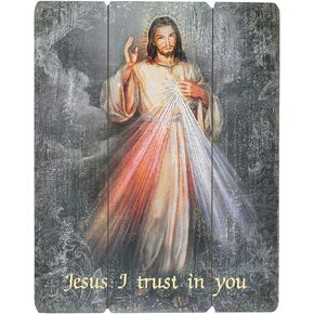 Needzo Laser Cut Wood Divine Mercy Icon Wall Plaque, Jesus I Trust in Religious Hanging Decoration for Home or Office, 12 x 15