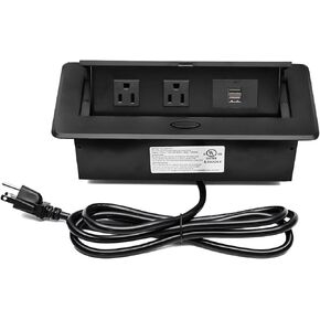 UL Listed Recessed Power Strip, Pop Up Power Cover Box Desktop Socket with PD 20W USB C Charging Ports, Stainless Steel Receptacle Outlet for Conference Room Countertop (Black-USB C)