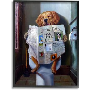 Stupell Industries Dog Reading the Newspaper On Toilet Funny Painting Framed Giclee Art Design By Artist Lucia Heffernan