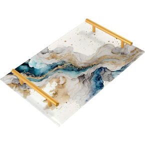 Vanity Tray Blue Gold Marble Print, Acrylic Decorative Serving Tray Coffee Table Tray for Bathroom Living Room Bedroom 7.87×11.81 inch