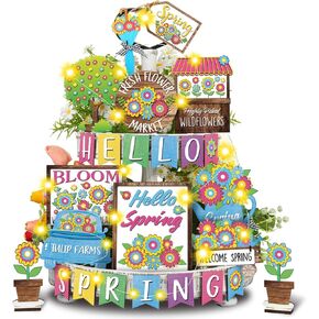 25 Pcs Spring Tiered Tray Decor Set with LED Light Truck Tree Table Wooden Sign Decorations Classic Tabletop Farmhouse Spring Decorations for Home Kitchen in Kuwait