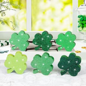 6Pcs Glitter St. Patrick's Day Table Decorations Signs, Wooden Green Shamrock Tiered Tray Decors, Irish-themed Lucky Clover Block Sign St Patrick's Day Tabletop Centerpiece for Home Party Shelf