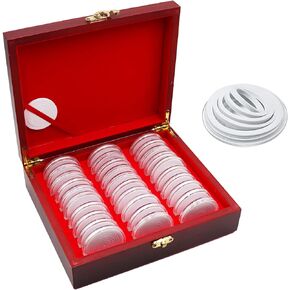 30 Pieces 46mm Wooden Coin Capsules Holder Case, Coin Collection Box Coins Display Storage Case with Lock, 6 Sizes (20/25/30/35/40/46mm) Commemorative Coin Organizer Coin Collector Box