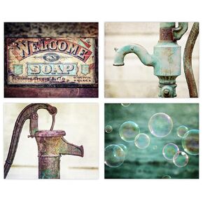 Laundry Room Decor or Bathroom Wall Art - Set of 4 5x7" Photo Prints - Unframed - Vintage, Farmhouse, Rustic Style - Bubbles, Teal, Brown, Aqua (4 SMALL 5x7 Prints)