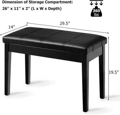 مقعد بيانو، مقعد لوحة مفاتيح من الخشب الصلب مع حجرة تخزين، ساق رائعة ووسادة سميكة، مقعد ثنائي كلاسيكي أنيق للبيانو للمنزل، 14 بوصة عمق × 29.5 بوصة عرض × 19.5 بوصة ارتفاع (بني، مستقيم) in Kuwait