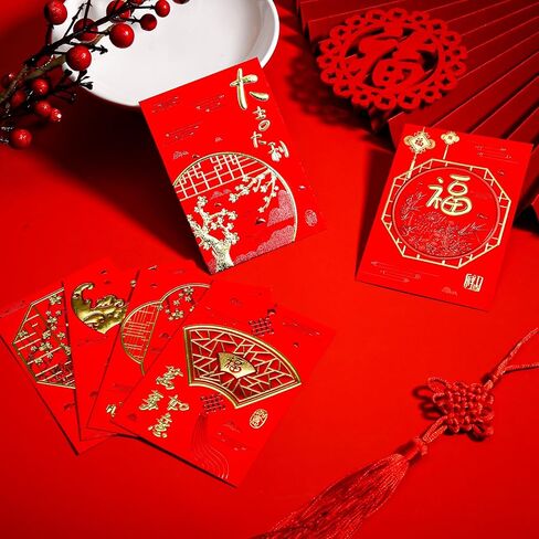 36 قطعة من الأظرف الحمراء الصينية، حزمة حمراء مقاس 3.14 × 4.53 بوصة هونغ باو 6 أنماط كلاسيكية تحيات مهرجان الربيع Lucky Money جيب أحمر للعام الصيني الجديد in Kuwait