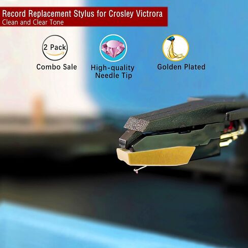إبر مشغل التسجيلات، 2 حزمة من قلم إبرة بديل قابل للضبط من الفينيل لمشغلات تسجيل Victrola Crosley iON Boytone Jensen LP (ذهبي) in Kuwait