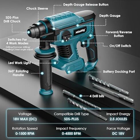 7/8" Rotary Hammer Drill for Makita 18V Battery: SDS-Plus Cordless Drill with Safety Clutch for Concrete Masonry, 2.5 Joules Power Drill, Including 4 Drill Bits in Kuwait