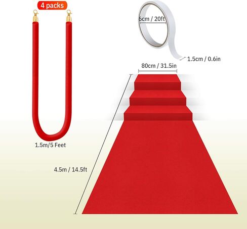عداء السجاد الأحمر 2.6 × 15 قدم سجادة عداء الممر للسجاد الأحمر بسمك 55 جرامًا للمتر المربع مع 4 قطع من حبل مخملي أحمر حاجز حبل للتحكم في الحشود مع خطافات مطلية باللون الذهبي، 5 أقدام in Kuwait