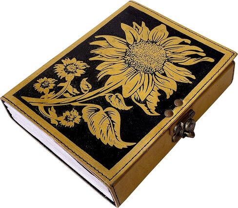 دفتر كتابة مجلة جلد عباد الشمس العتيق منقوش جميل للاستخدام اليومي كتاب الظلال فارغ أصفر مع أسود غير مبطن كراسة رسم للسفر مع قفل هدية يوميات للنساء 7 × 5 بوصة in Kuwait